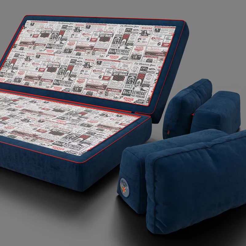 Rift canapé-lit double STRANGER THINGS Édition 2 places et 3 places avec dossiers mobiles - matelas haut de 22 cm et mousse à mémoire de forme en tissu anti-taches Bleu
