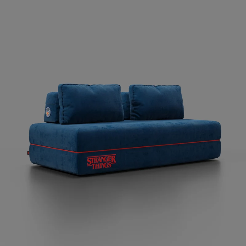 Rift canapé-lit double STRANGER THINGS Édition 2 places et 3 places avec dossiers mobiles - matelas haut de 22 cm et mousse à mémoire de forme en tissu anti-taches Bleu