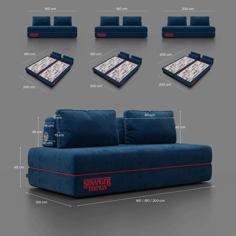 Rift canapé-lit double STRANGER THINGS Édition 2 places et 3 places avec dossiers mobiles - matelas haut de 22 cm et mousse à mémoire de forme en tissu anti-taches Bleu