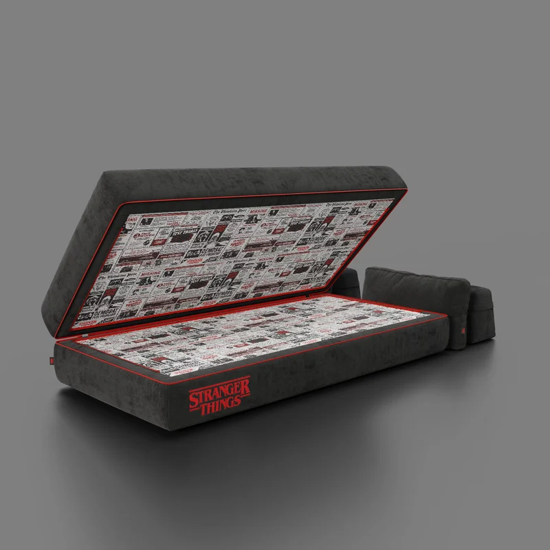 Rift canapé-lit double STRANGER THINGS Édition 2 places et 3 places avec dossiers mobiles - matelas haut de 22 cm et mousse à mémoire de forme en tissu détachable Anti-taches Anthracite