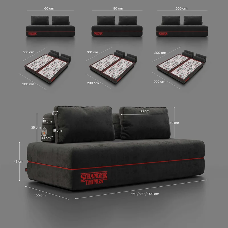 Rift canapé-lit double STRANGER THINGS Édition 2 places et 3 places avec dossiers mobiles - matelas haut de 22 cm et mousse à mémoire de forme en tissu détachable Anti-taches Anthracite