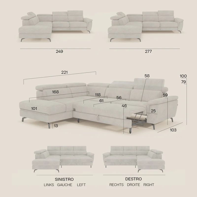 Estro Canapé d'angle extractible - têtières inclinables en tissu imperméable T14 gris