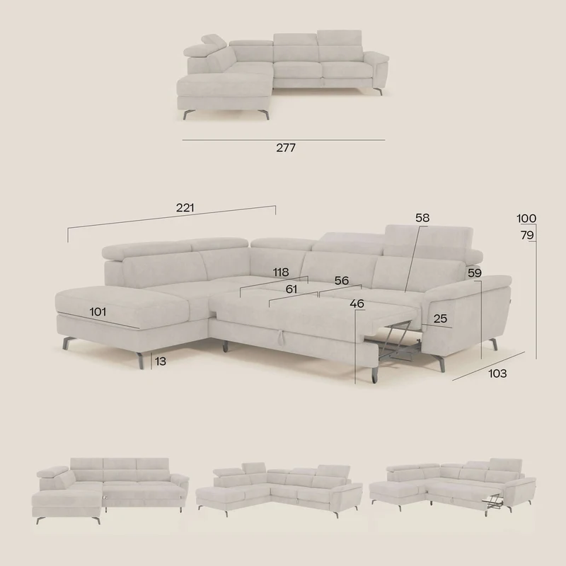 Estro Canapé d'angle extractible - têtières inclinables en tissu imperméable T14 taupe