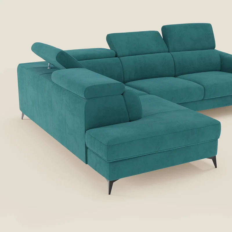 Arcos Canapé d'angle - pieds hauts et têtières inclinables en microfibre imperméable T11 bleu canard