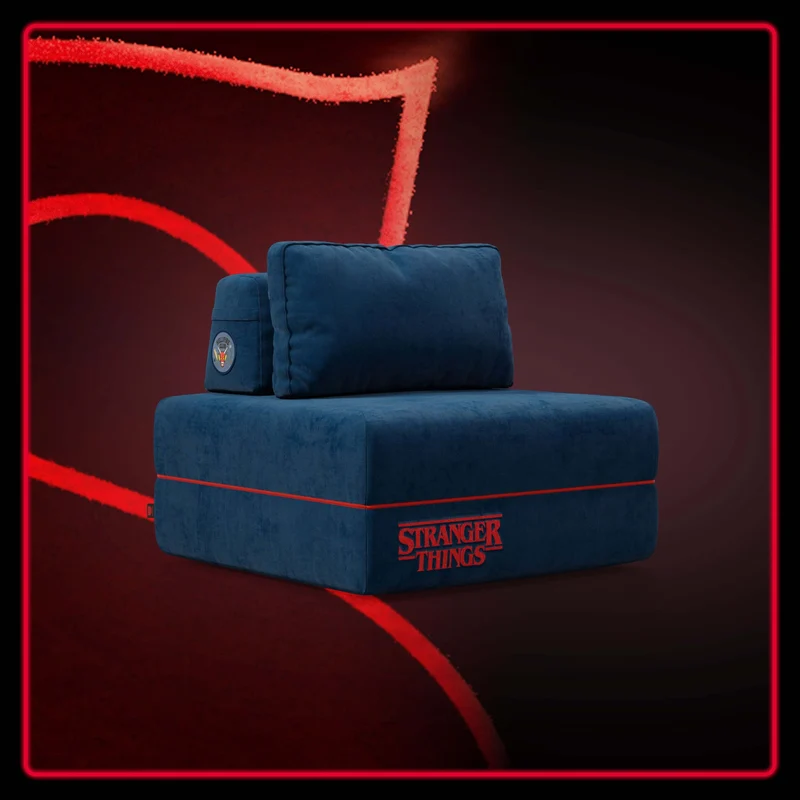 Rift fauteuil-lit Édition STRANGER THINGS avec matelas haut de 22 cm et mousse à mémoire de forme - tissu anti-taches bleu