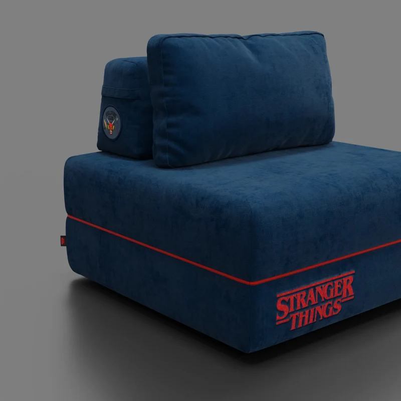 Rift fauteuil-lit Édition STRANGER THINGS avec matelas haut de 22 cm et mousse à mémoire de forme - tissu anti-taches bleu
