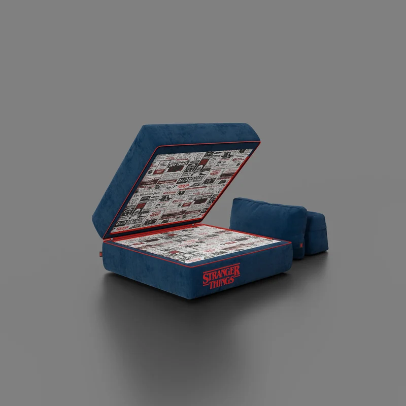 Rift fauteuil-lit Édition STRANGER THINGS avec matelas haut de 22 cm et mousse à mémoire de forme - tissu anti-taches bleu
