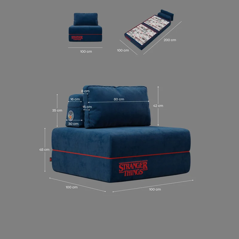 Rift fauteuil-lit Édition STRANGER THINGS avec matelas haut de 22 cm et mousse à mémoire de forme - tissu anti-taches bleu