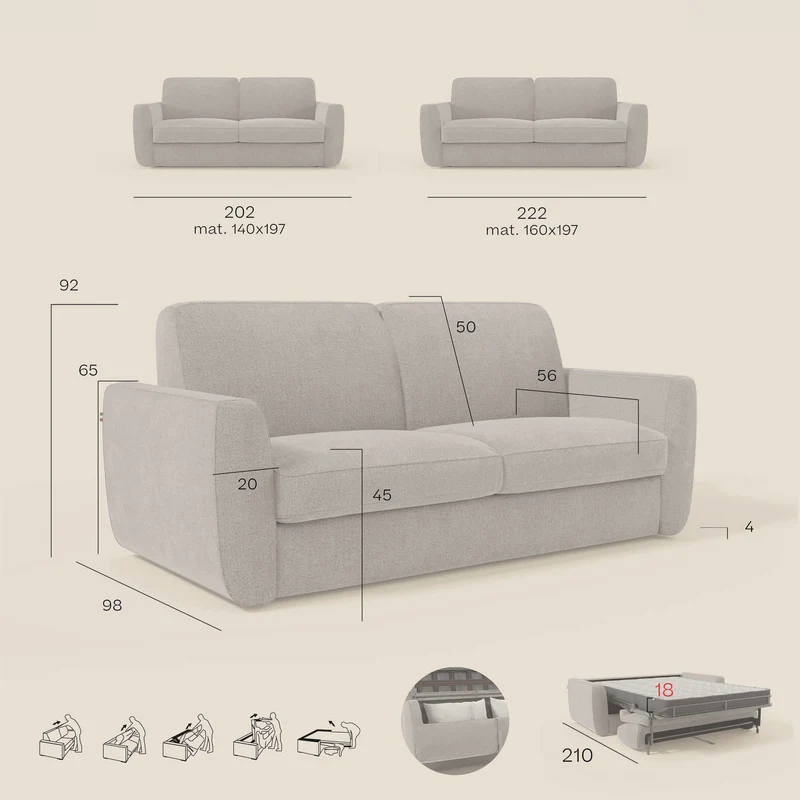 Leonida canapé convertible déhoussable et matelas H 18 cm - coffre à oreiller en tissu détachable T23 beige