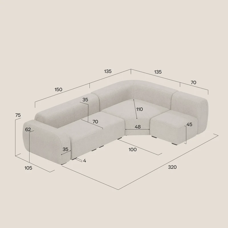 BonBon canapé d’angle composable et modulable - tissu détachable T23 taupe