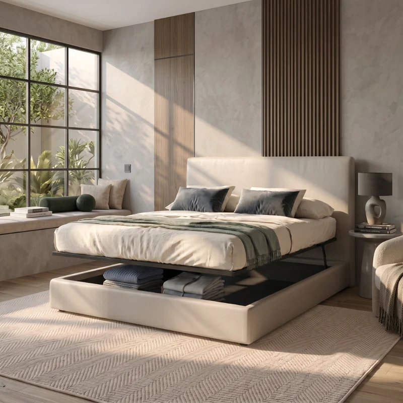 Lit coffre Lit coffre avec tête de lit ouverture latérale et frontale simili cuir - Collection Parallèle design