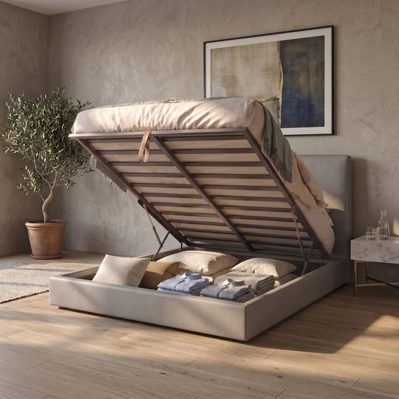 Lit coffre Lit coffre avec tête de lit ouverture latérale et frontale simili cuir - Collection Parallèle design