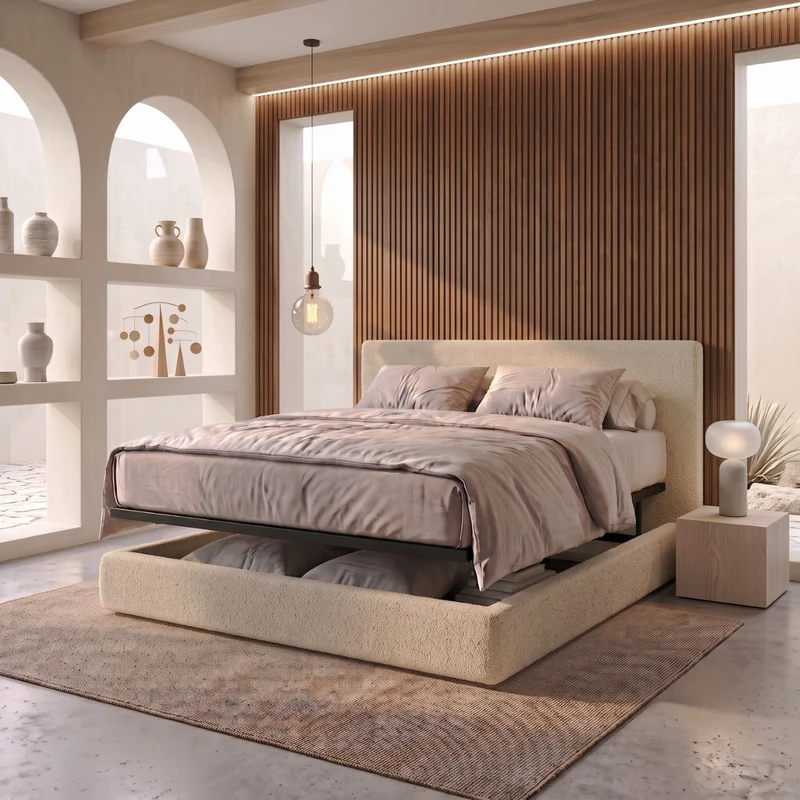 Lit coffre avec tête de lit ouverture latérale et frontale bouclette - Collection Parallèle design