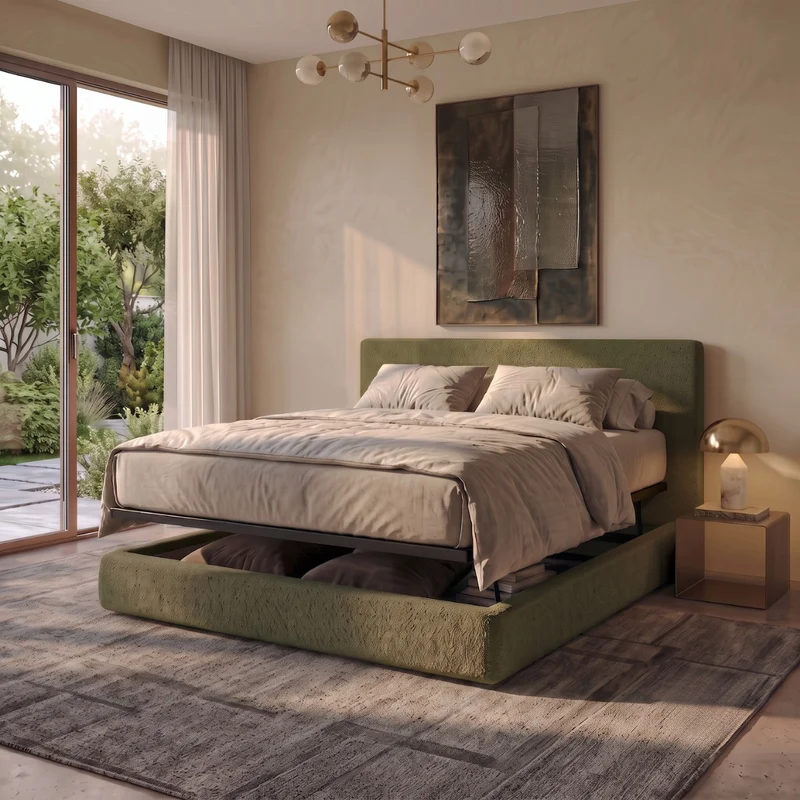 Lit coffre avec tête de lit ouverture latérale et frontale bouclette - Collection Parallèle design