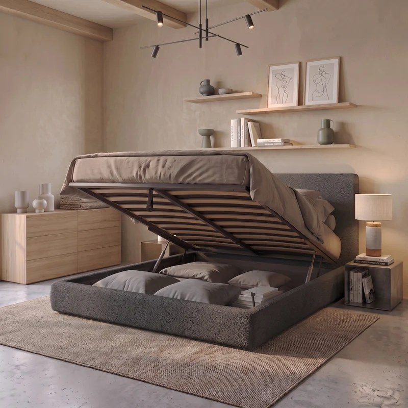 Lit coffre avec tête de lit ouverture latérale et frontale bouclette - Collection Parallèle design