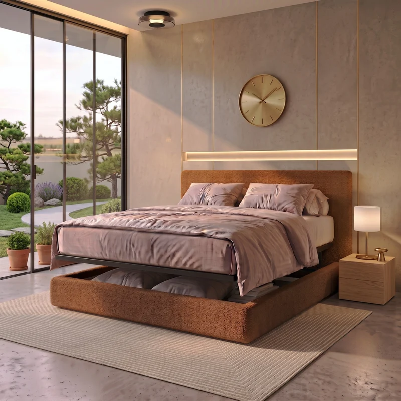 Lit coffre avec tête de lit ouverture latérale et frontale bouclette - Collection Parallèle design