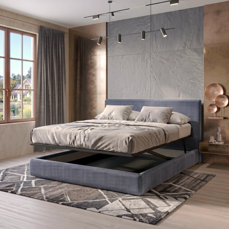 Lit coffre avec tête de lit ouverture latérale et frontale velours côtelé - Collection Parallèle design
