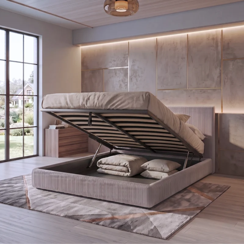 Lit coffre avec tête de lit ouverture latérale et frontale velours côtelé - Collection Parallèle design