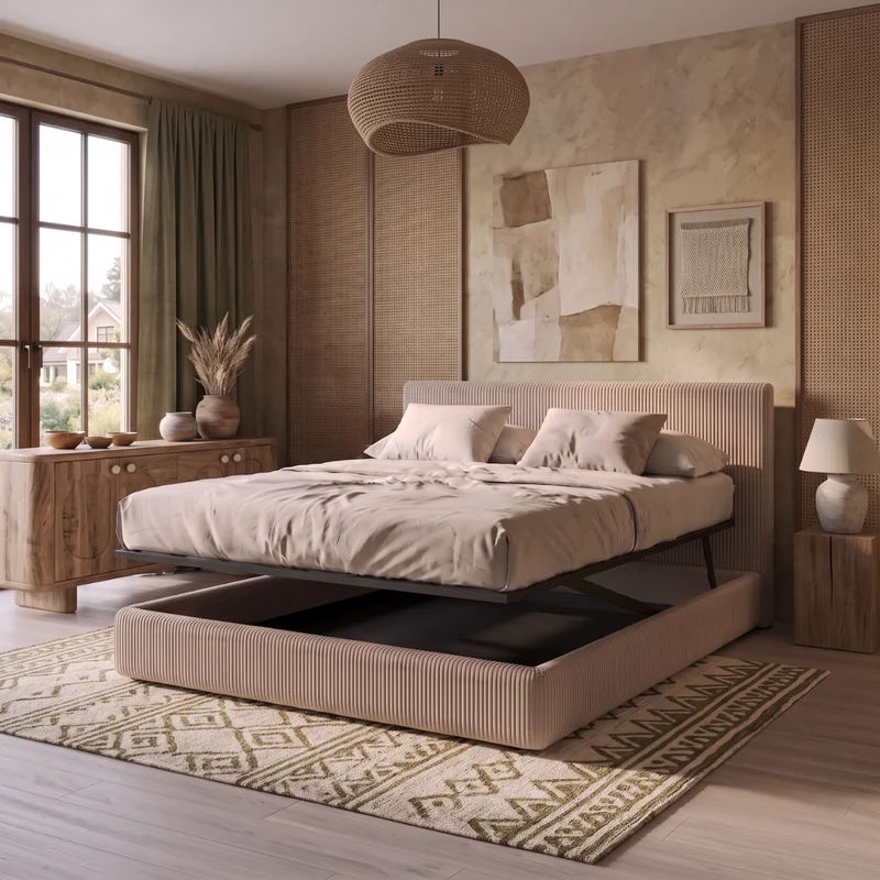 Lit coffre avec tête de lit ouverture latérale et frontale velours côtelé - Collection Parallèle design