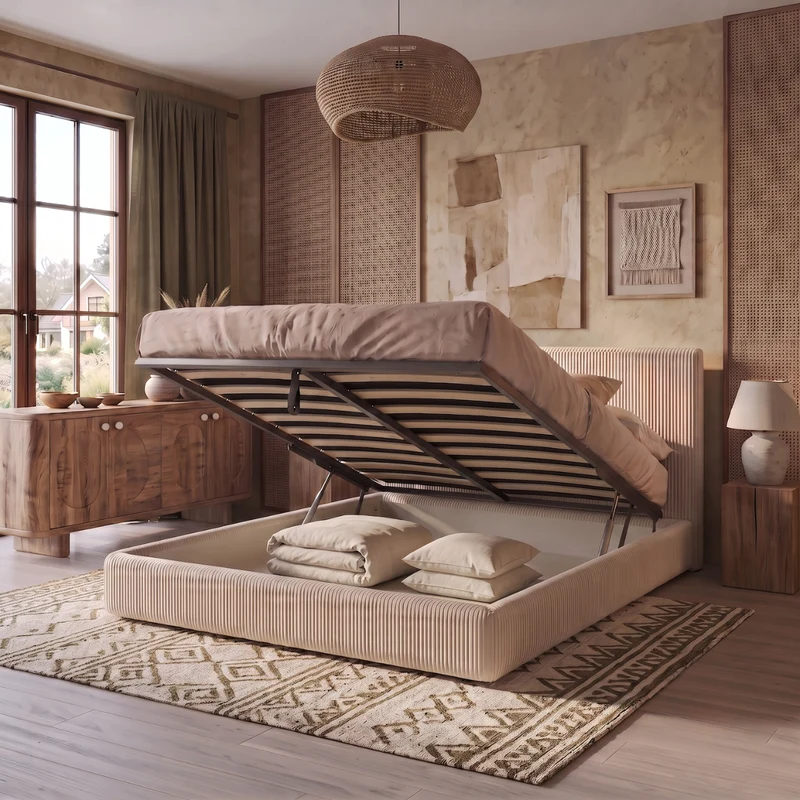 Lit coffre avec tête de lit ouverture latérale et frontale velours côtelé - Collection Parallèle design