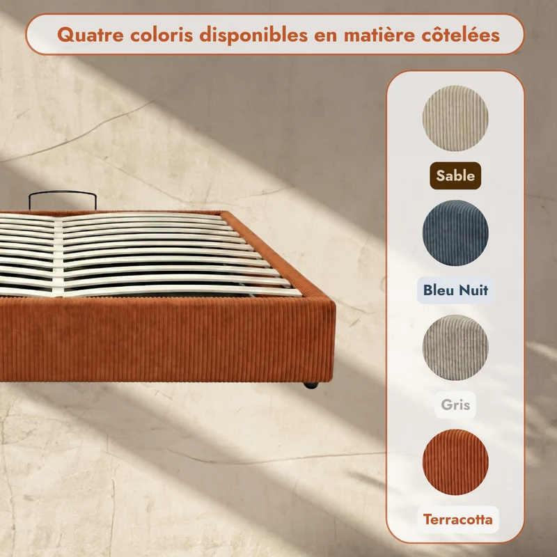 Lit coffre électrique velours côtelé, télécommande, sommier flexible - Collection Futura