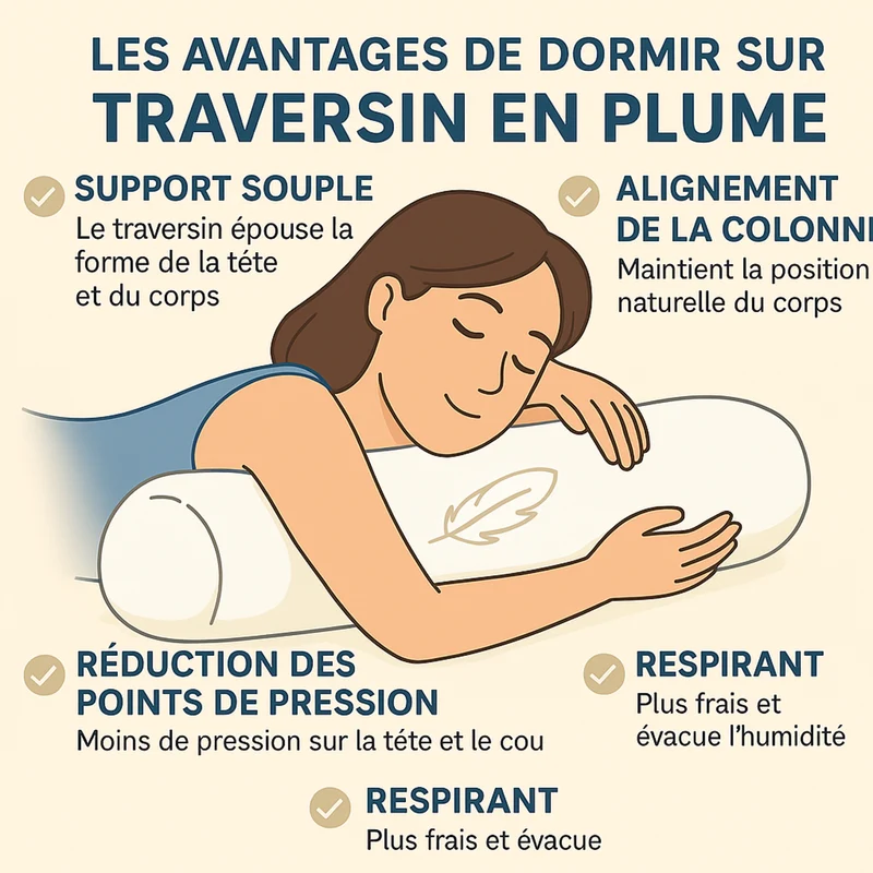 Traversin plumes de canard et duvet, jacquard strié, confort et soutien équilibré - Collection Duvet