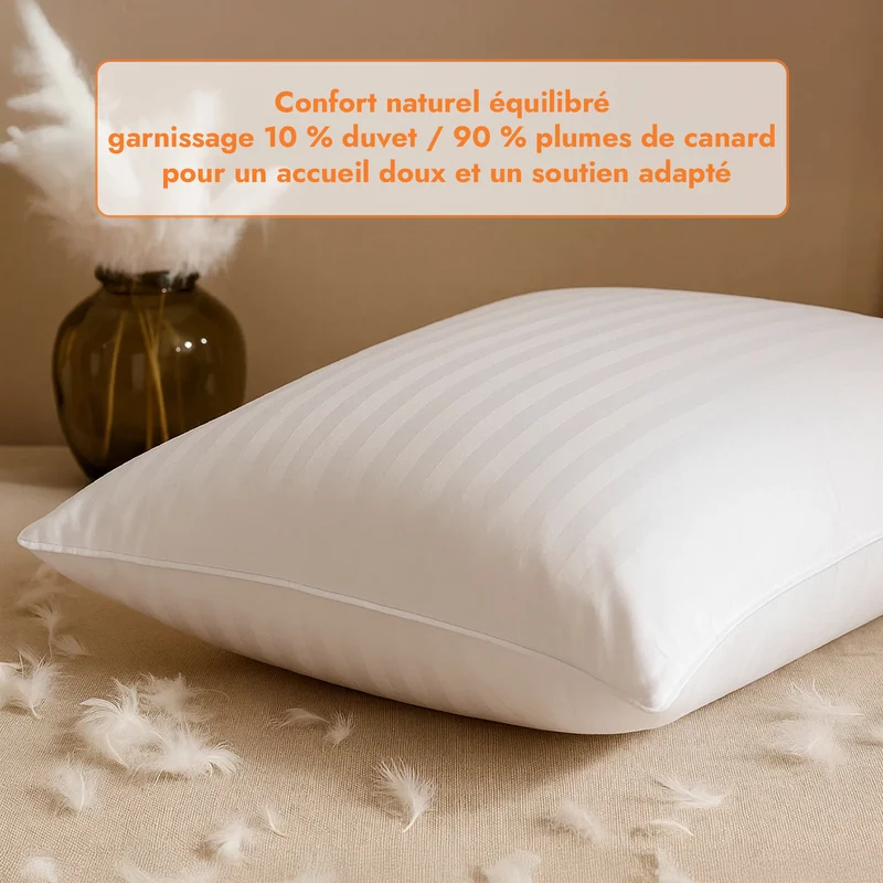 Oreiller plumes de canard et duvet, jacquard strié, confort équilibré - Collection Duvet