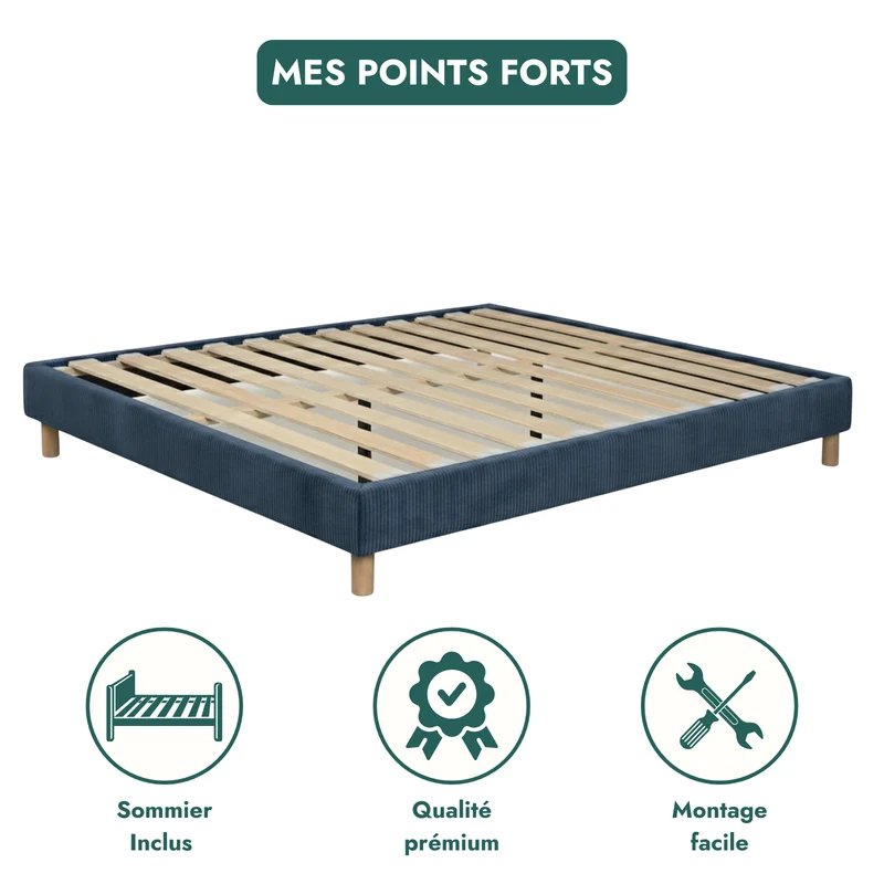 Sommier velours côtelé, cadre de lit, pieds bois, maintien bassin – Collection Deco