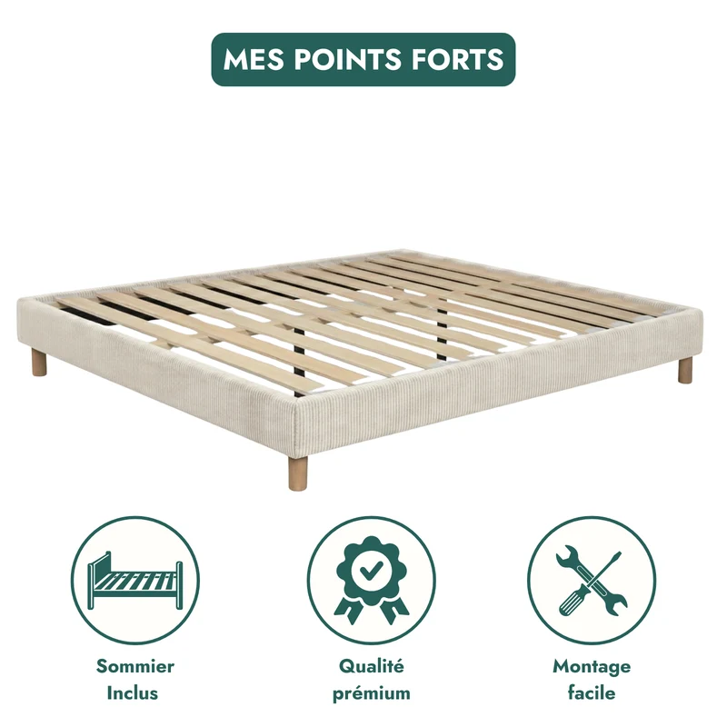 Sommier velours côtelé, cadre de lit, pieds bois, maintien bassin – Collection Deco