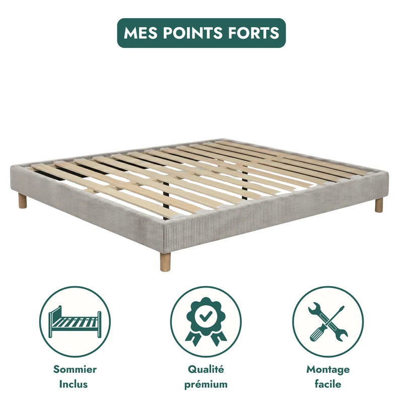 Sommier velours côtelé, cadre de lit, pieds bois, maintien bassin – Collection Deco