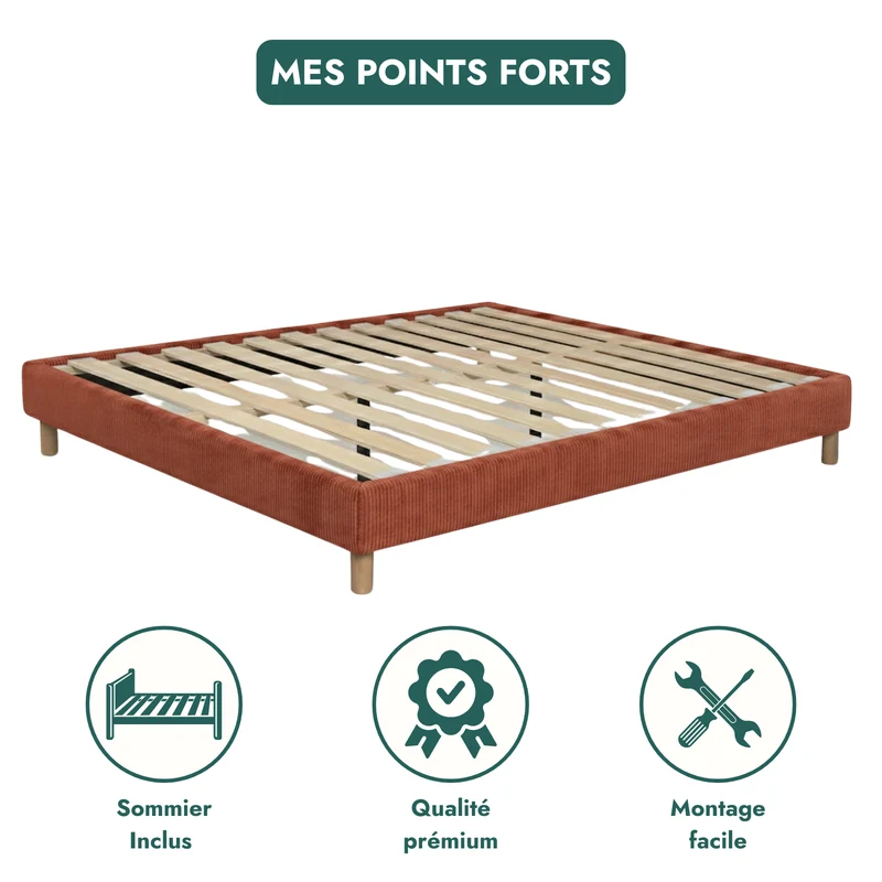 Sommier velours côtelé, cadre de lit, pieds bois, maintien bassin – Collection Deco