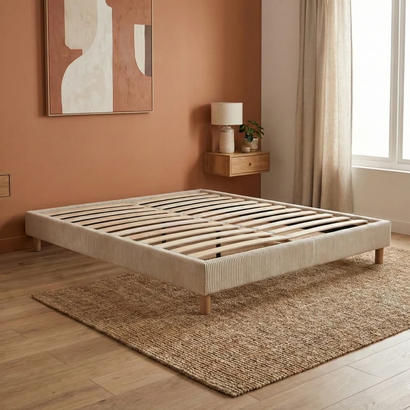 Sommier velours côtelé, cadre de lit, pieds bois, maintien bassin – Collection Deco