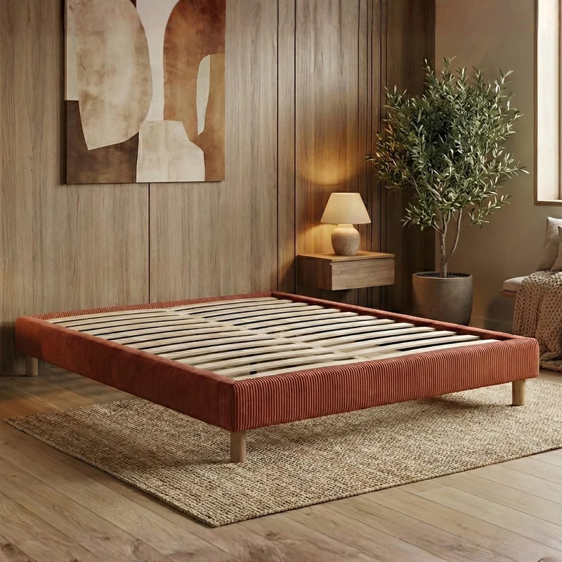 Sommier velours côtelé, cadre de lit, pieds bois, maintien bassin – Collection Deco