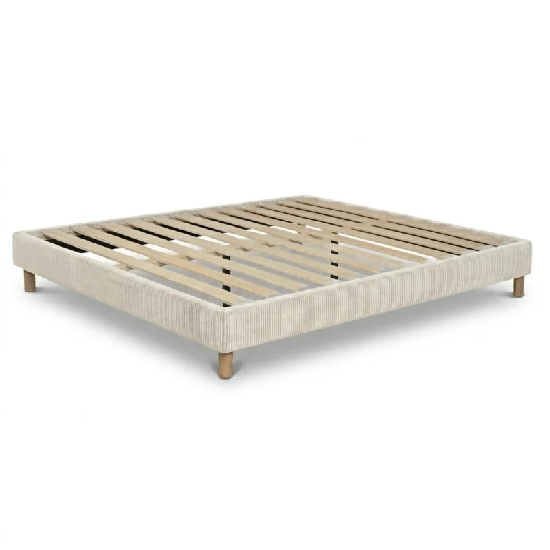 Sommier velours côtelé, cadre de lit, pieds bois, maintien bassin – Collection Deco