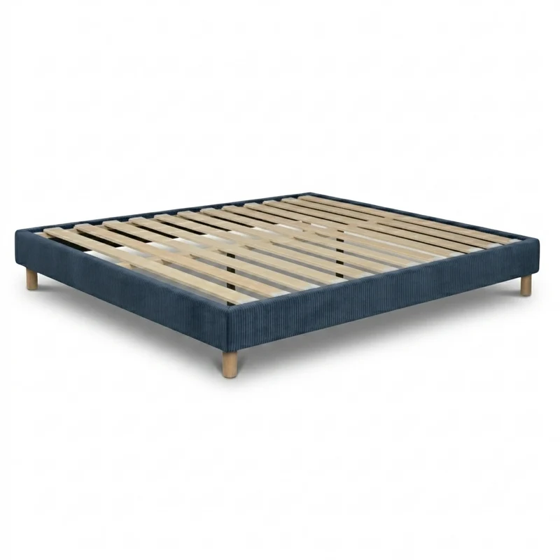 Sommier velours côtelé, cadre de lit, pieds bois, maintien bassin – Collection Deco
