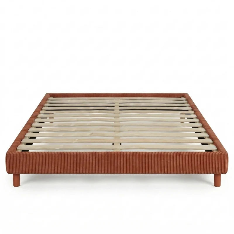 Sommier velours côtelé, cadre de lit, pieds bois, maintien bassin – Collection Deco