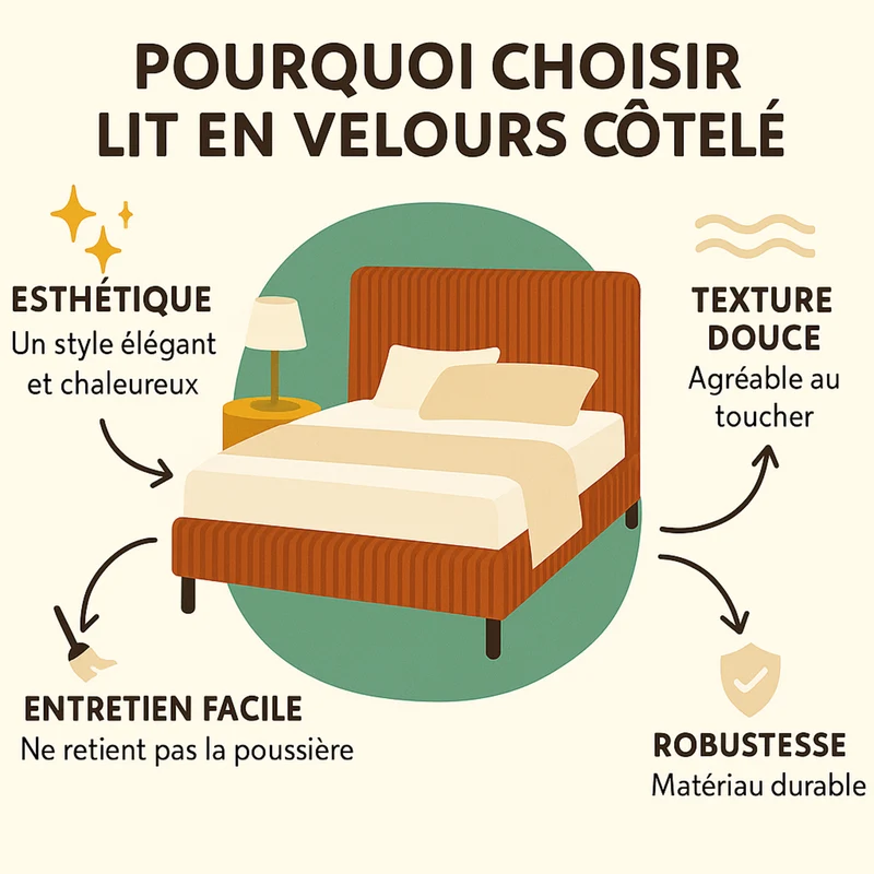 Lit coffre velours côtelé, lattes flexibles, grand espace de stockage - Collection Vegas