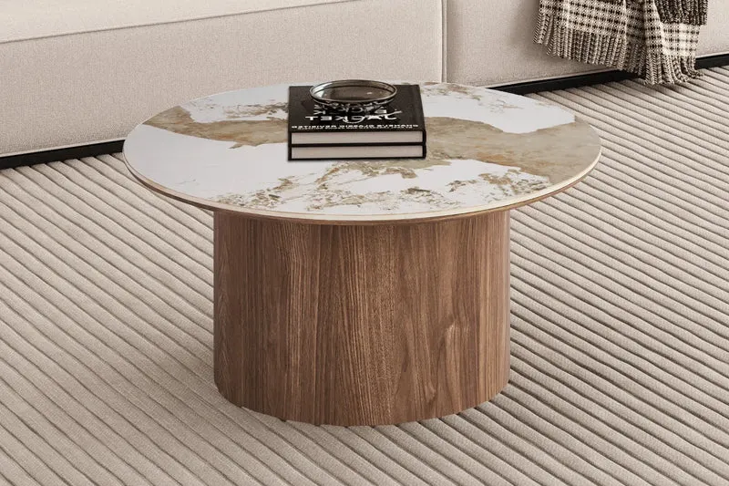 Table Basse Ronde AVORA en Pierre Frittée Brillante Beige - 80 cm