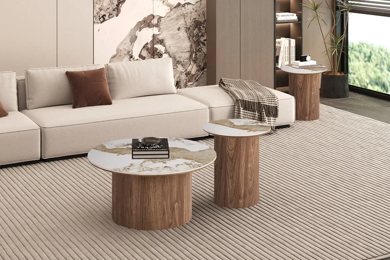 Table Basse Ronde AVORA en Pierre Frittée Brillante Beige - 80 cm