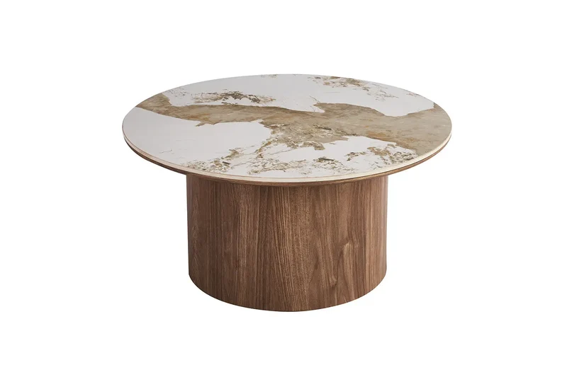 Table Basse Ronde AVORA en Pierre Frittée Brillante Beige - 80 cm