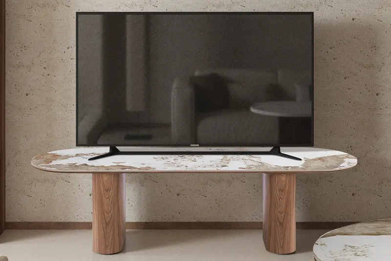 Meuble TV AVORA avec Plateau en Pierre Brillante Beige - 160 x 45 cm