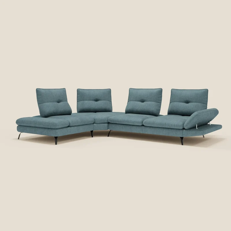 Ardex Canapé d'angle - dossiers coulissants et accoudoirs réglables en élégant tissu imperméable T06 bleu ciel
