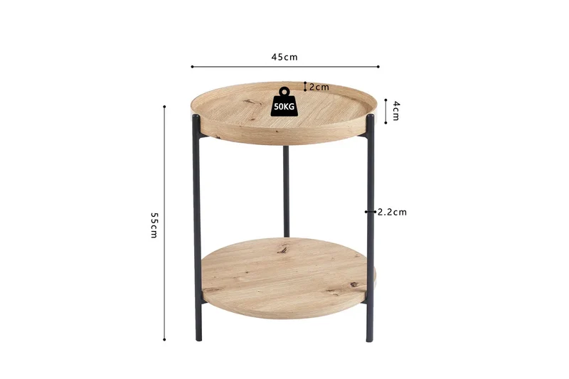 Table Basse Ronde Effet Chêne Vieilli DALYNA avec des pieds en acier noir - 45 cm