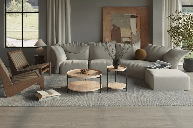 Table Basse Ronde Effet Chêne Vieilli DALYNA avec des pieds en acier noir - 80 cm