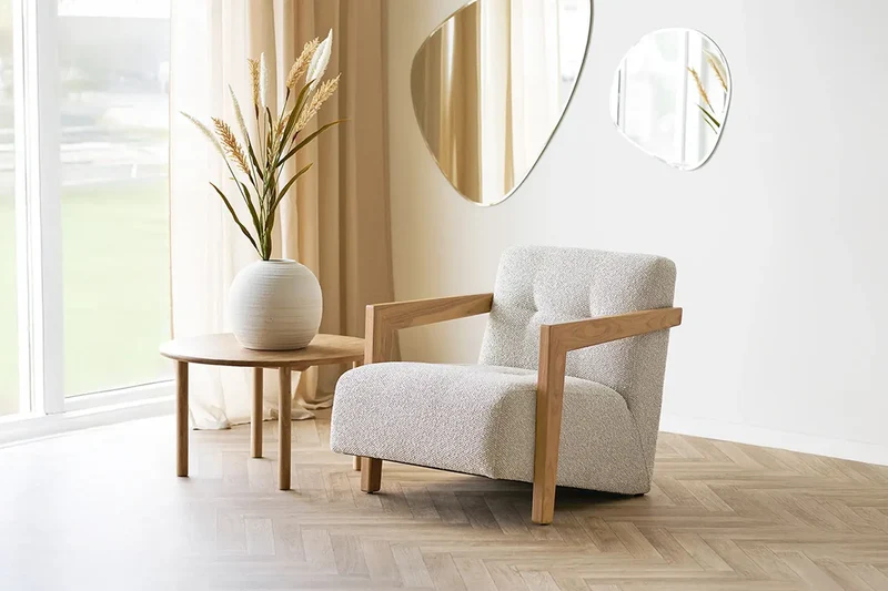 Fauteuil avec accoudoirs en Chêne et Tissu Beige CARACAS - 88 x 72 cm