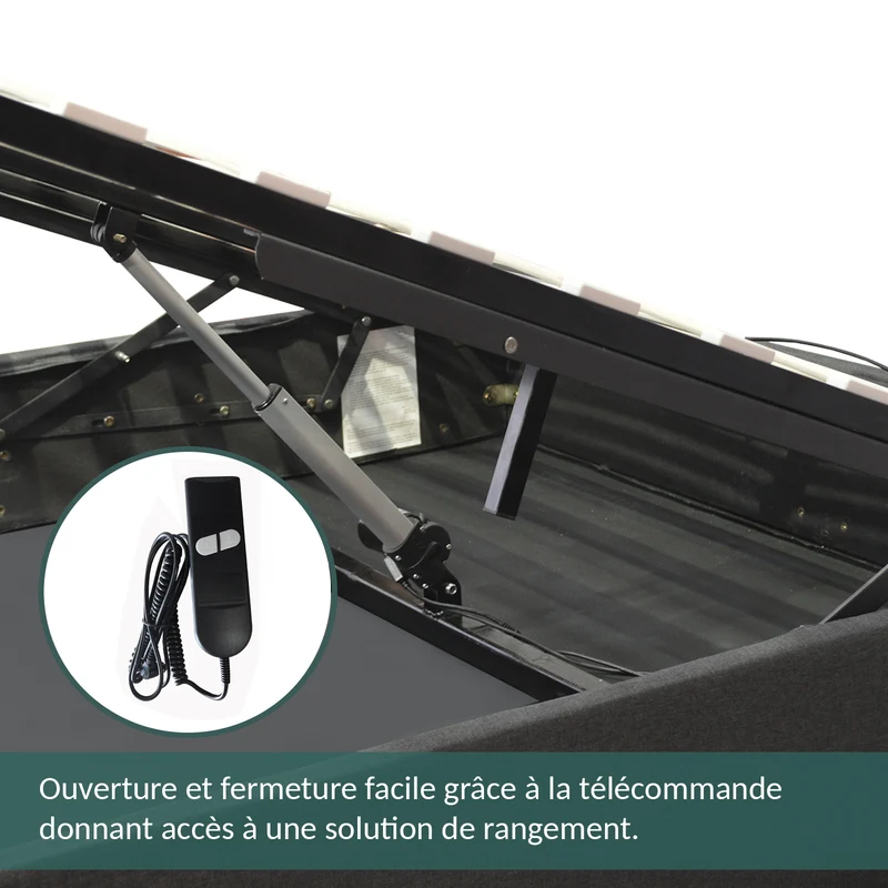 Lit coffre électrique simili cuir gris, télécommande, sommier flexible - Collection Futura