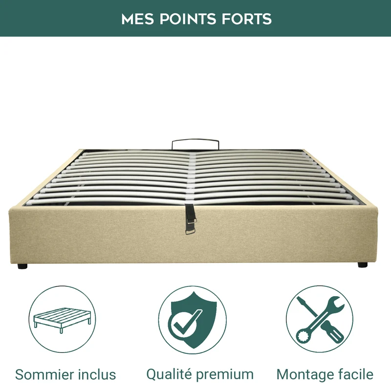 Lit coffre électrique tissu sable, télécommande, sommier flexible - Collection Futura