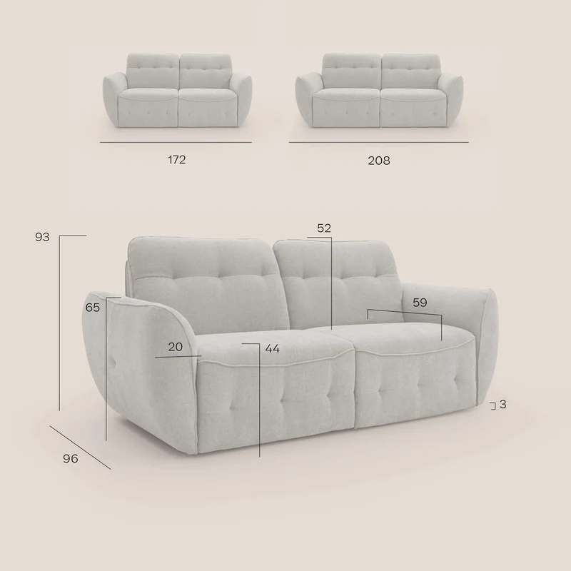 Cerbero canapé 3 places 208 cm en bouclette douce imperméable T07 gris