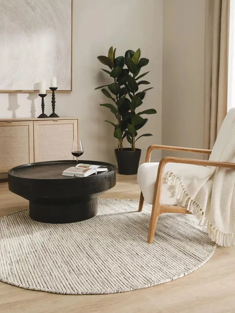 Tapis Rond en Laine fait main ROCCO Beige et noir