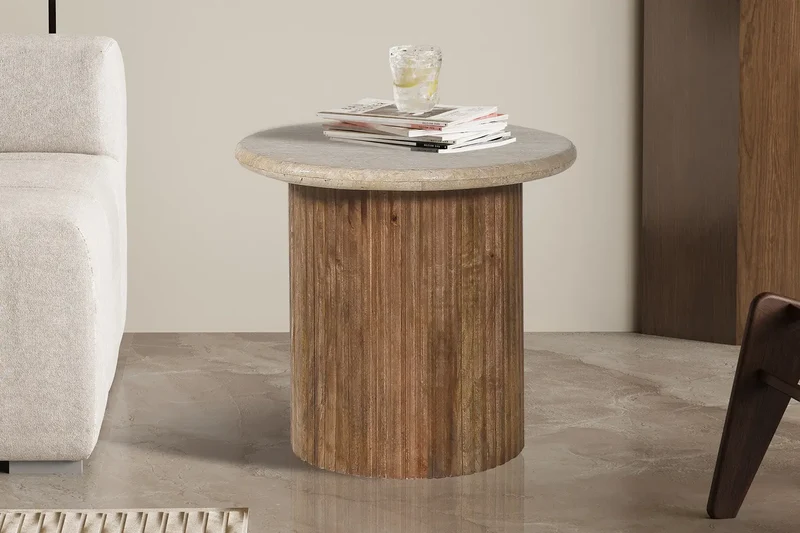 Table d'appoint Ronde en Bois de manguier avec plateau en travertin beige TAËL - 50 cm